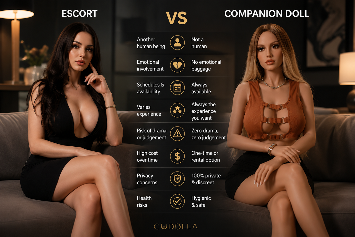 Woman sitting comfortably beside a premium silicone companion doll in an elegant living room, representing two different companionship experiences.