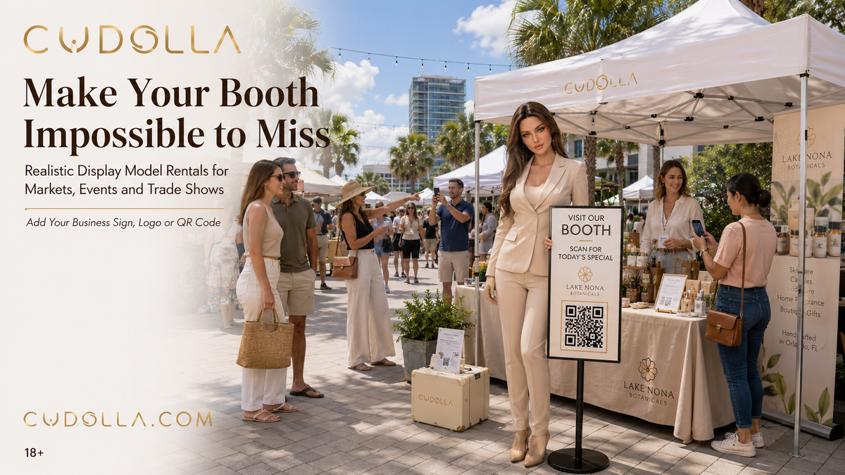 Realistic CUDOLLA display model promoting a vendor booth at an Orlando farmers market and trade show