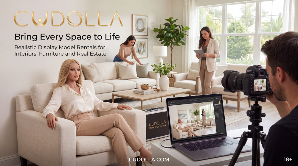 Realistic display model rental for furniture, interior and real estate staging in an Orlando home photography session