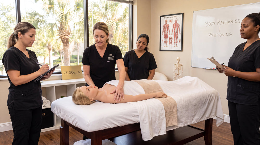 Massage instructor demonstrating body positioning with a realistic CUDOLLA training model in an Orlando massage therapy classroom