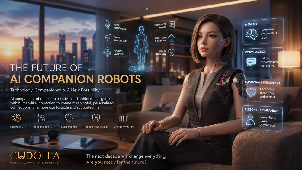 Futuristic AI companion robot with memory, voice recognition, emotional intelligence, and personalized conversation technology