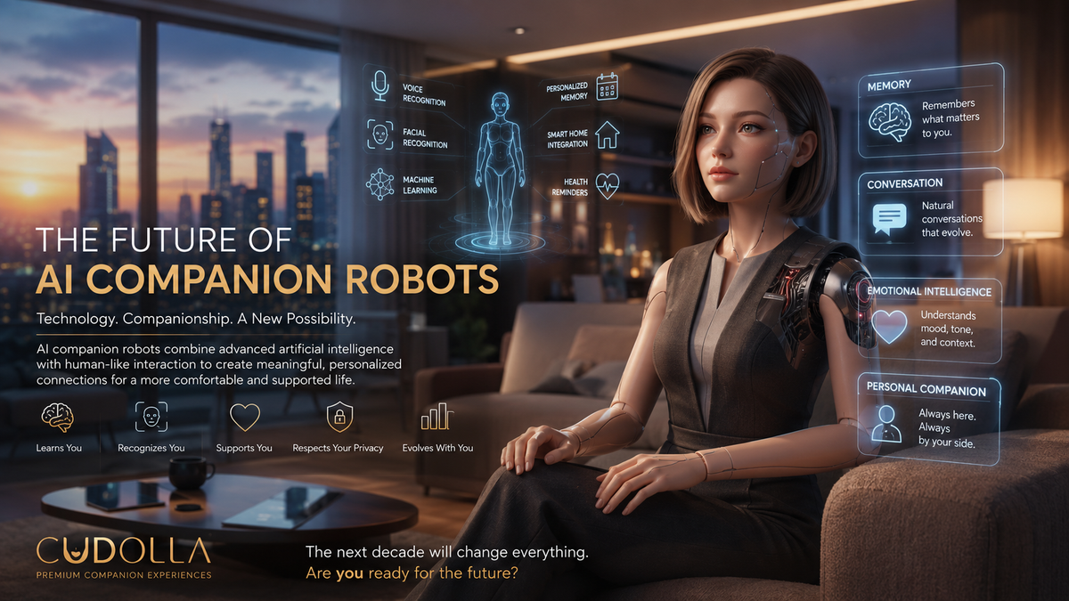 Futuristic AI companion robot with memory, voice recognition, emotional intelligence, and personalized conversation technology