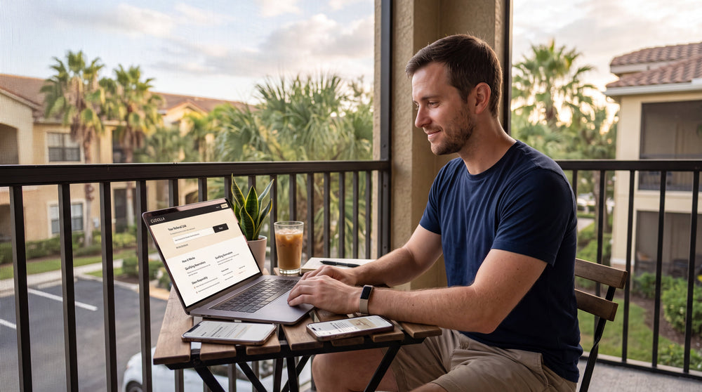 Florida beginner learning how to promote a CUDOLLA affiliate referral link from a laptop