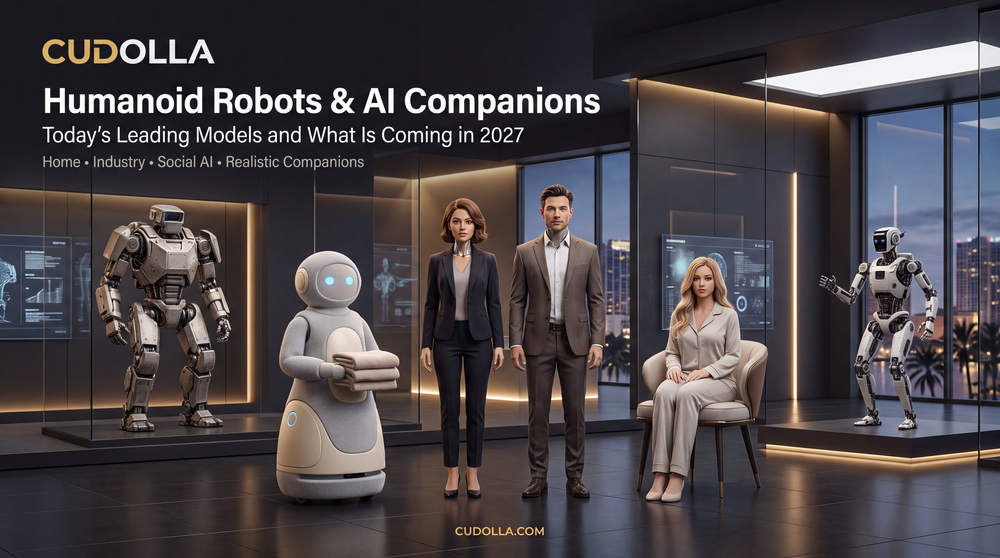 Futuristic lineup of home, industrial, and realistic AI companion humanoid robots representing robotics technology for 2027