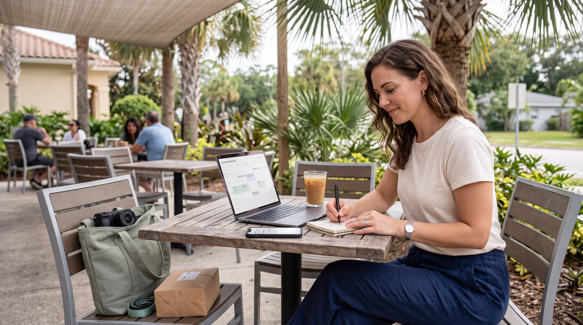 Florida woman organizing several flexible side hustle opportunities at a bright outdoor café