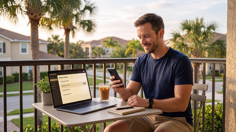 Florida affiliate reviewing a qualifying CUDOLLA reservation and commission on his phone