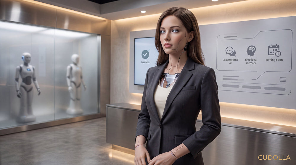 Realistic silicone-covered AI companion robot displayed in a futuristic consumer robotics showroom.