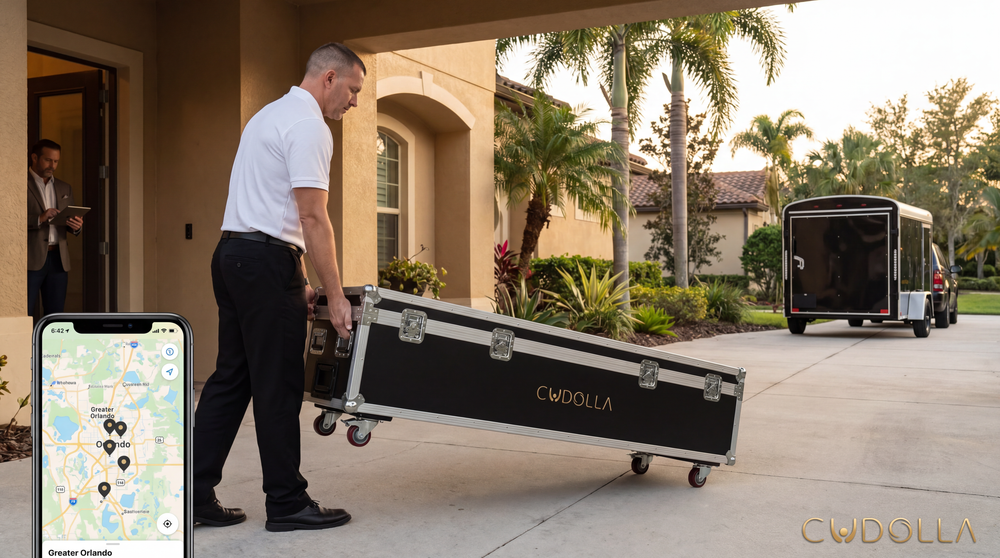 CUDOLLA employee delivering a companion rental in a long discreet flight case to a private Greater Orlando residence
