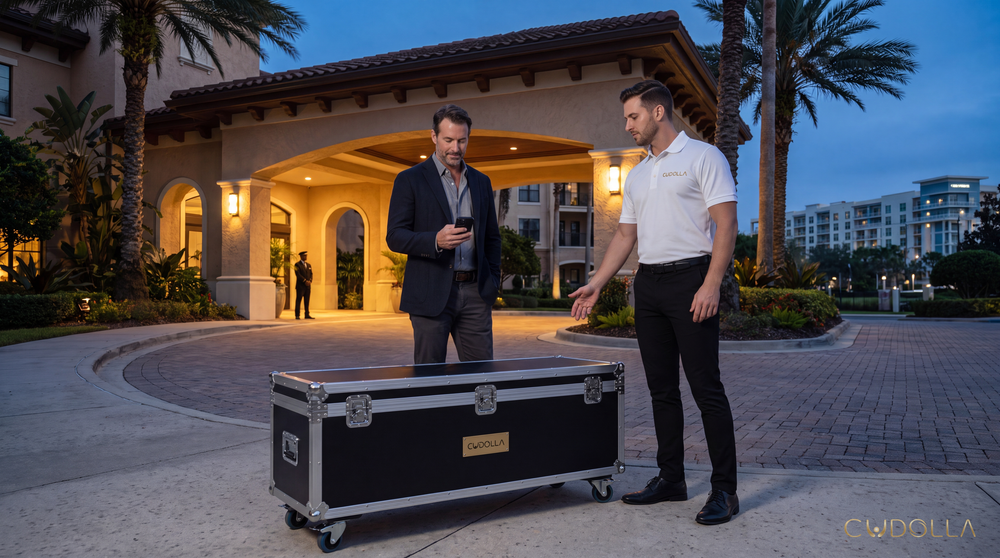 CUDOLLA customer meeting a professional male delivery specialist with a discreet transport case outside an upscale Orlando hotel.