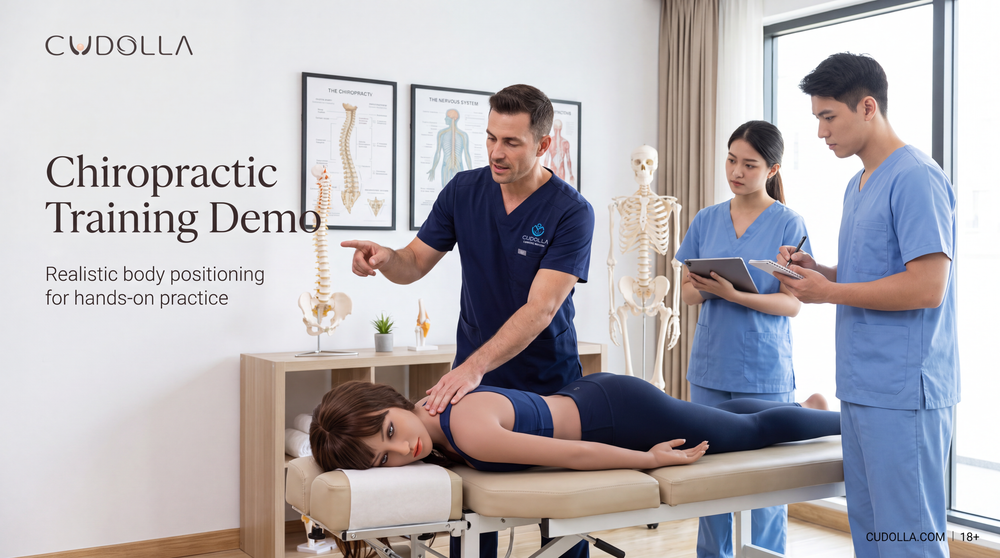 Chiropractic instructor demonstrating body positioning with a realistic CUDOLLA training model in an Orlando chiropractic education classroom