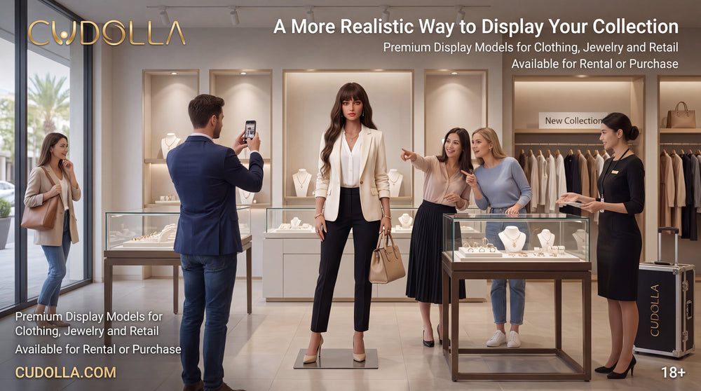Realistic CUDOLLA mannequin displaying clothing and jewelry in a luxury Orlando retail store