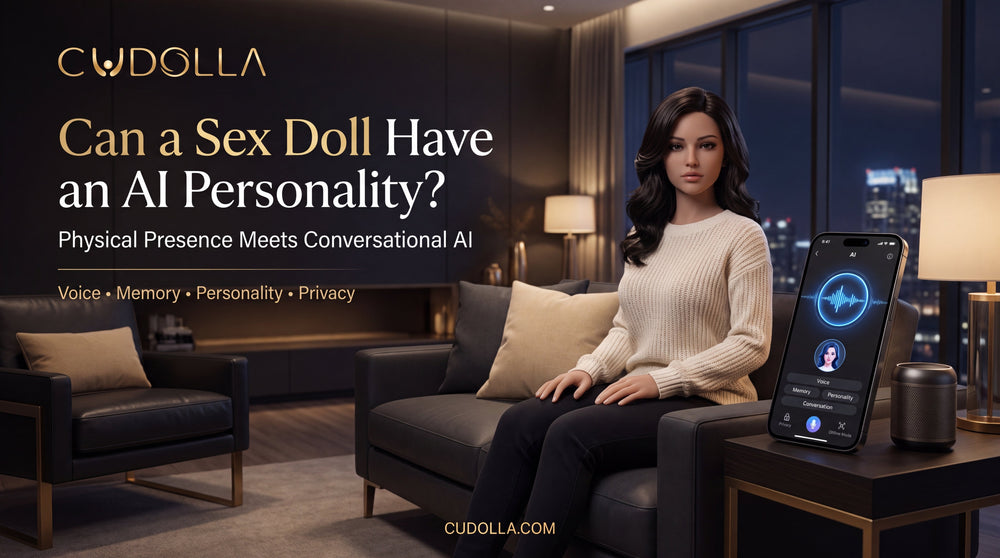 Realistic physical companion doll beside an AI personality interface in a luxury futuristic home