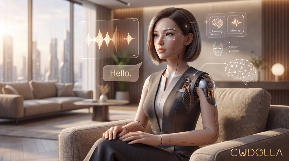Humanlike AI companion robot interacting with an adult in a modern Orlando apartment
