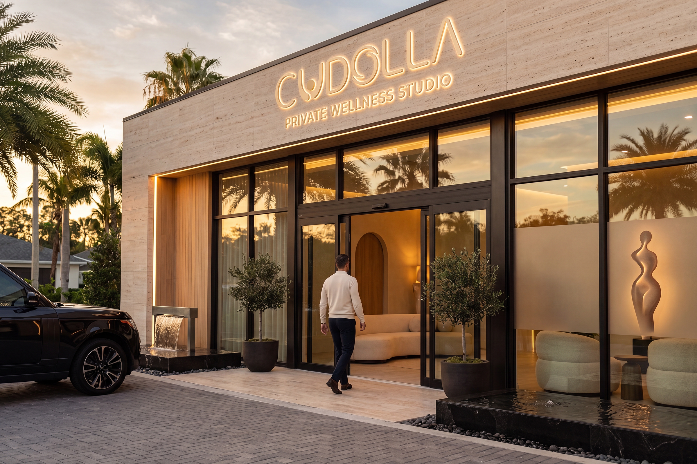 Luxury private wellness studio in Orlando with warm cinematic lighting
